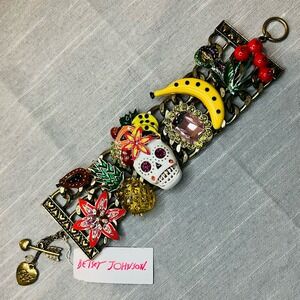 New Betsey Johnson Rio Sugar Skull Wide Multi-Charm Bracelet